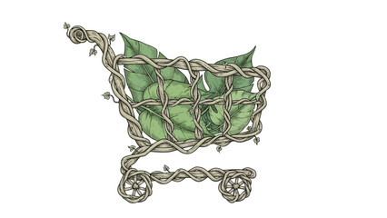 Vine wrapped shopping cart filled with green leaves