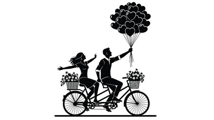 Romantic couple riding a tandem bicycle with heart balloons, celebrating love and togetherness