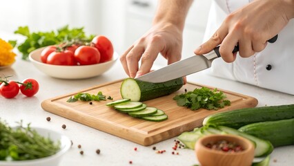 Close-up of hands slicing cucumber with a kitchen knife on wooden board, fresh ingredients around, bright white kitchen, shallow depth of field, healthy cooking concept, no face
