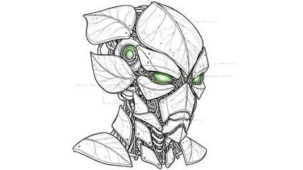 Cyborg head with green eyes and leafy mechanical design