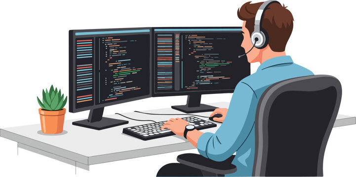 Man Working on Computer with Headphones 1.