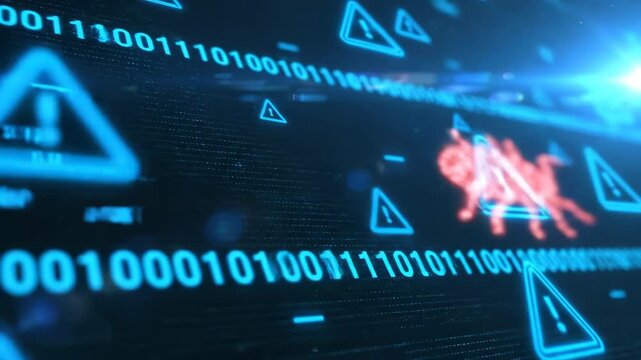 Abstract digital bug icon made of glowing red particles on a dark blue background with binary code and warning symbols.