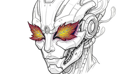 Cyborg face with vibrant autumn leaves for eyes in futuristic design