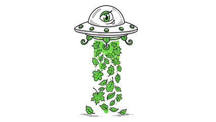 Whimsical UFO dispersing lush green leaves in a magical scene