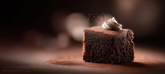 Brownie slice with cocoa dust on clean lab table surface