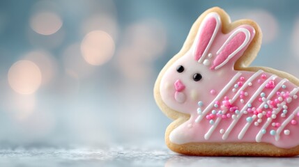 bunny shaped cookie with frosty details and soft bokeh glow