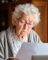 An elderly woman with curly hair looks intently at a document, displaying a serious expression, possibly concerned or focused on its content.