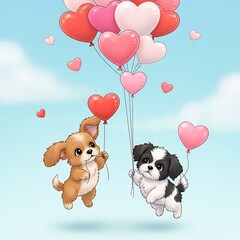 Adorable dogs floating with heart balloons in the air