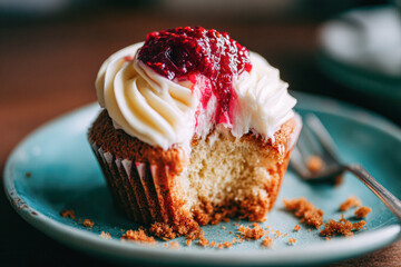 A delectable cupcake with creamy frosting and raspberry topping, partially eaten, sitting on a teal plate.