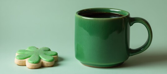 ceramic mug featuring shamrock cookie on gradient background