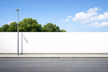 City street with long concrete wall featuring copy space and mockup