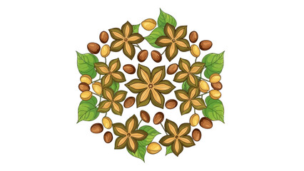 Vibrant starfruit and coffee beans arrangement with lush green leaves