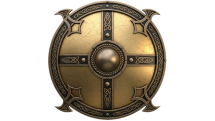 Ancient bronze round shield with ornate celtic knotwork and central metal boss