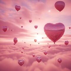 Heart shaped balloons floating above pink clouds at sunset