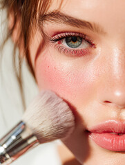 A close-up of a young woman's face, showcasing her radiant skin and makeup application with a brush, highlighting beauty and skincare.