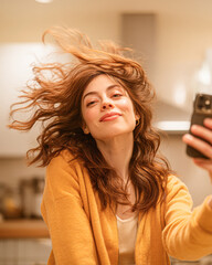 A cheerful young woman with flowing hair takes a selfie, exuding confidence and joy in a cozy indoor setting.