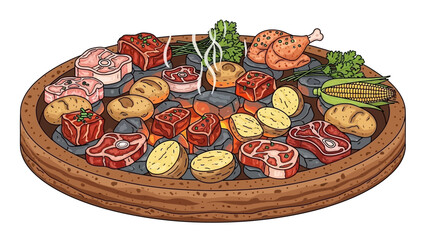 Delicious barbecue with various meats and vegetables on grill