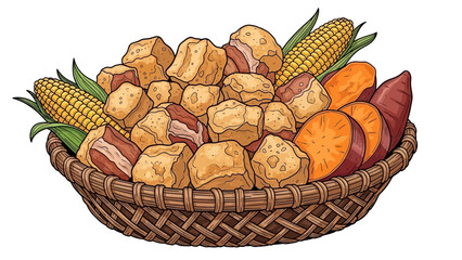 Delicious roasted sweet potatoes and corn in wicker basket