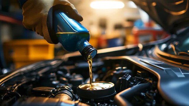Mechanic pours oil into engine at auto shop during repair session in the evening light