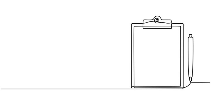 Continuous one line drawing of clipboard and pen design. clipboard with Good Marks with pass direction with tick mark. correction of error.. On white background.