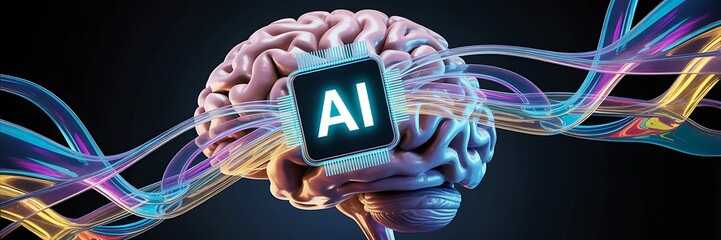 Artificial intelligence concept with glowing brain and data waves
