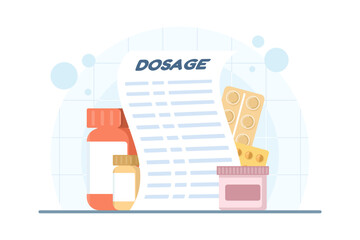 Medication dosage charts, pill containers, and prescription papers. Illustration highlighting proper drug use, patient safety, and accurate medical instructions in healthcare settings.