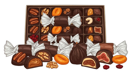 Assorted gourmet chocolates with nuts and fruit in decorative box