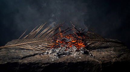 Burning dry palm branches turning into ashes on stone surface with smoke. Christian tradition of preparing ashes for Ash Wednesday. Religious concept of Lent, repentance and cycle of life.