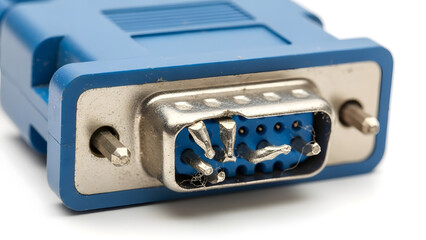 Close-up of blue computer connector with metal pins and sockets