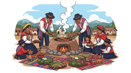 Traditional Andean family cooking outdoors in village