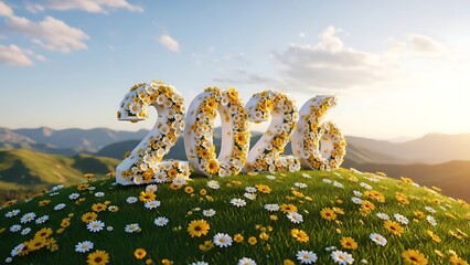 Large white floral numbers 2026 on grassy hill with daisies flowers yellow