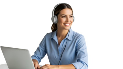 An enthusiastic young woman with headphones happily working on a laptop