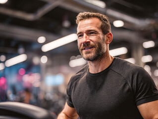 A fit man smiles while exercising in a modern gym setting, showcasing determination and a healthy lifestyle.