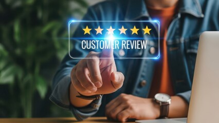 Man interacting with a glowing five star customer review interface on a laptop