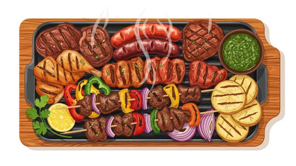 Delicious grilled meats and vegetables on a wooden tray