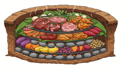 Delicious meats and vegetables grilled on a traditional stone barbecue