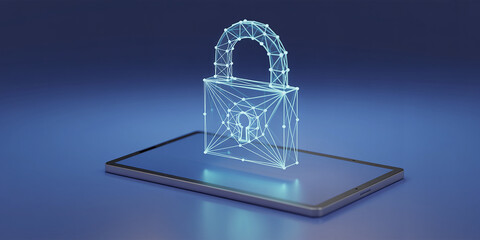 Digital Padlock Icon Over Tablet Device With Blue Network Grid Background security technology
