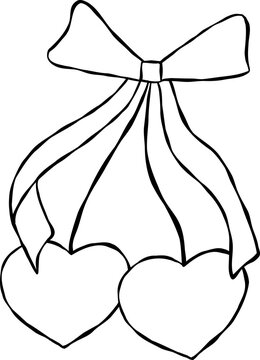 Coquette Cherries Heart Shaped Ribbon Bow Trendy Outline Minimal Line Art Hand Drawn Doodle
