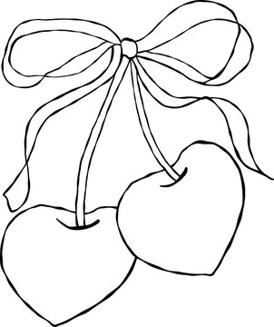 Coquette vintage heart Cherries with bow Doodle Outline