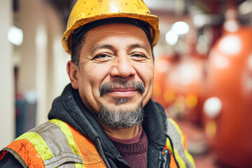 A smiling construction worker in a hard hat and safety gear, set against a blurred industrial background.