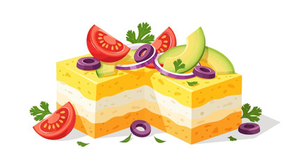 Delicious layered salad with avocado and tomato on white background