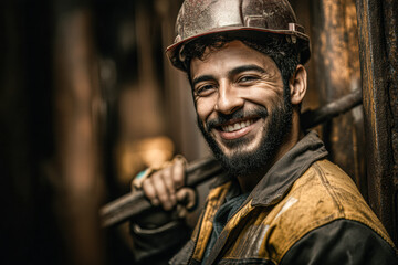 A smiling worker in a hard hat poses confidently, showcasing a strong and positive demeanor in an industrial setting.