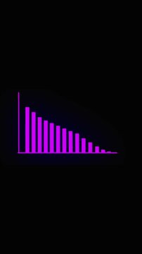 Neon Purple Bar Graph with Declining Trend on Black Background chart data. Neon purple financial graph with decreasing bars. Glowing purple bar chart showing downward trend.