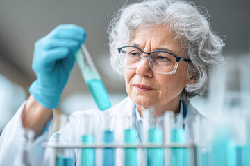 A scientist examines a test tube filled with blue liquid, showcasing the process of research and experimentation in a laboratory setting.