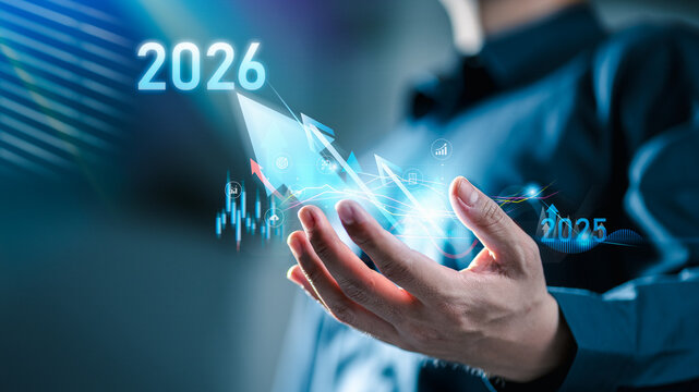 Business person draws increase arrow graph corporate future growth year 2025 to 2026.Business plan for increase in 2026 year. Development to success and motivation in new year 2026.