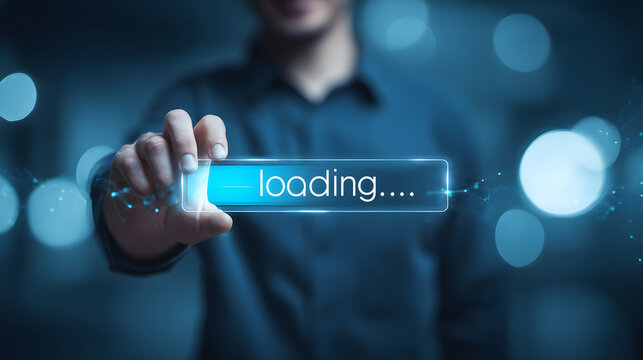 Ultra HD Man holding a glowing digital loading bar, symbolizing data processing, system update, internet connection, business technology progress, and waiting for information image - Powered by Adobe