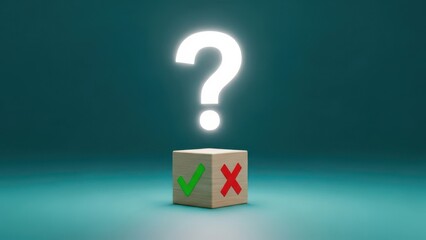 A glowing question mark hovers above a cube with check and cross marks