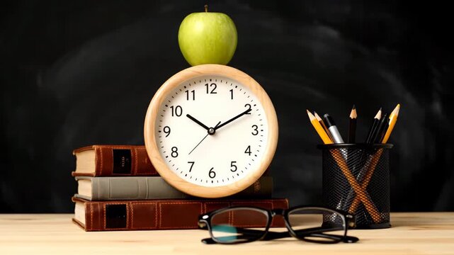 Still life composition featuring books clock apple glasses and pencils on a wooden desk against a chalkboard.