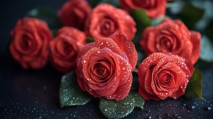 Close-up of a cluster of red roses with water droplets