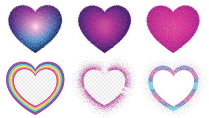 A set of six glittering hearts in shades of purple, pink, and blue, including solid shapes and frames on a white background.